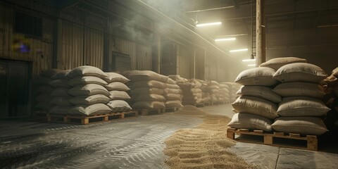 Warehouse full of stacked white burlap, full of grain on wooden palettes
