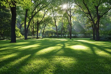 Sunlight shining through the trees on the lawn in the park