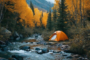 Camping on the mountain river in the autumn forest,  Orange tent on the river bank
