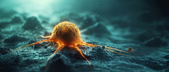 A serene stock photo illustrating Cancer A group of diseases characterized by abnormal cell growth Visualize a single cell mutating, surrounded by a faint glow symbolizing the onset of malignancy - obrazy, fototapety, plakaty