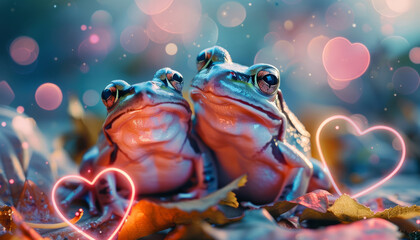 cute frogs in flowers on a swamp with neon hearts. Summer card with toads.