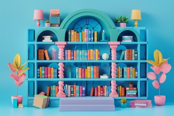 A colorful bookcase with a pink and blue archway and a pink and blue shelf