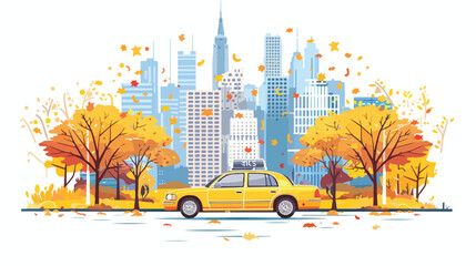 Taxi and fall or autumn cityscape city street park an
