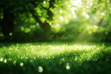 Green grass with dew drops and bokeh lights background