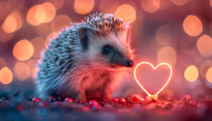 hedgehogs in love on a lush meadow with a neon heart. Summer card.
