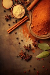 Various dried spices on rustic brown background. Overheat view.