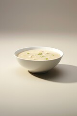 A bowl of clam chowder on plain background. Close-up view.