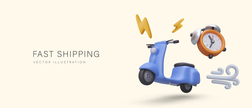 Hilarious fast delivery ads. 3D scooter racing at full speed, wind sign, alarm clock, lightning