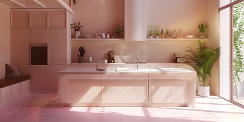 A clean minimalist kitchen with tones of pastel colors. Generative AI.