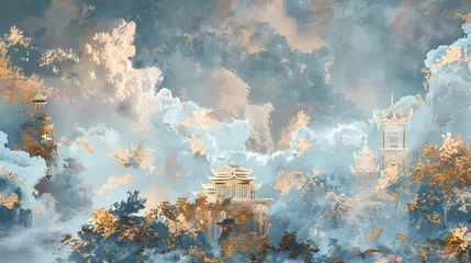 Stoff pro Meter Chinese style architectural meticulous painting landscape abstract poster background © jinzhen