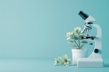 A plant is sitting in a white pot next to a microscope