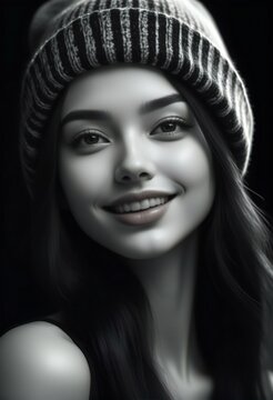 Portrait of a beautiful young woman in a hat,  Black and white photo