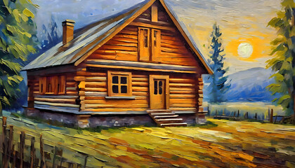 vintage cabin scene with the textures of rustic wooden surfaces, using oil techniques. Generative AI.