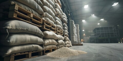 Warehouse full of stacked white burlap, full of grain on wooden palettes
 - obrazy, fototapety, plakaty