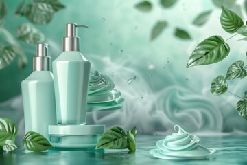 Fototapeta na wymiar A green background with a variety of green beauty products including a bottle of