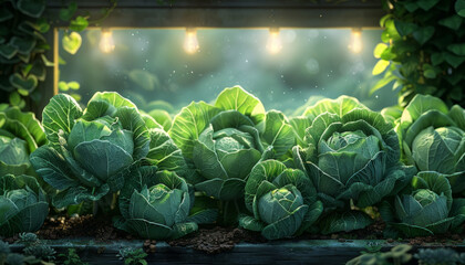 cabbage harvest on beds in greenhouse or market - obrazy, fototapety, plakaty