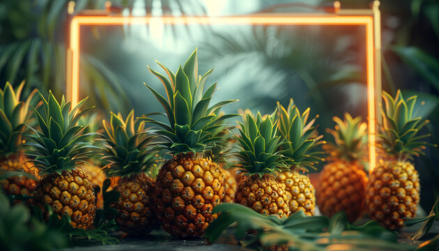 Tropical fruits pineapples on a neon frame background.
