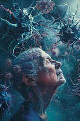 Illustrate the impact of Alzheimers disease on cognitive function and memory loss through a stock photo of a person surrounded by brain cells and plaques