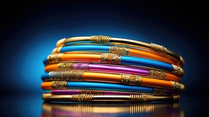 image from the point of view of colorful bangles, offering an intriguing and colorful view. The image should capture the intricate details and vibrant colors  - obrazy, fototapety, plakaty
