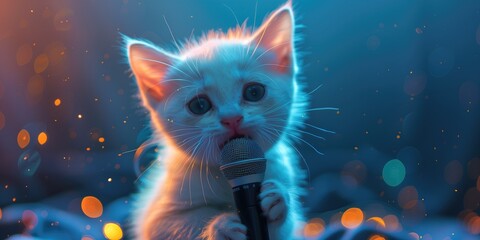 Cute white kitten singing into a microphone on a colorful background