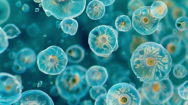 An electron microscope image of the cytoplasm highlighting the abundance of ries responsible for protein synthesis within the cell. . AI generation.