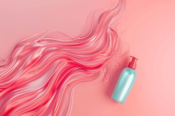 A bottle of shampoo is next to a pink wave - obrazy, fototapety, plakaty