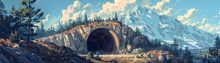 bunker in the mountain overlooking the landscape. A tunnel leading to a shelter or hidden laboratory.