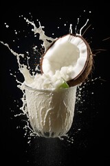Coconut fruits and milk splashing out from a drinking glass. Black background studioshot.