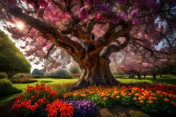 A vibrant garden with colorful flowers in full bloom beneath a majestic tree. - obrazy, fototapety, plakaty