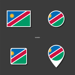 Namibia flag icon set in different shape (rectangle, cirlce, square and marker icon) isolated on dark grey background.