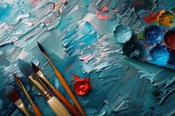 A painting with a blue background and a palette of paint