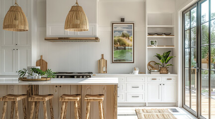 A bright naturally lit kitchen in a modern farmhouse coastal style. Generative AI. - obrazy, fototapety, plakaty