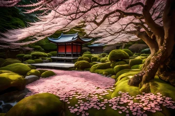 Poster A tranquil Japanese garden with a cherry blossom tree in full bloom, its petals gently falling onto a bed of moss and azalea flowers. © colorful imagination