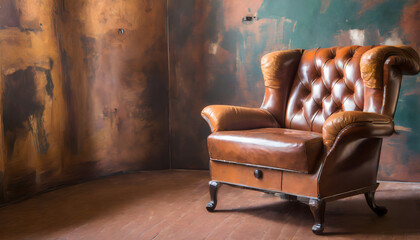 vintage interior with the textures of a worn leather armchair, using oil techniques to captu. Generative AI.