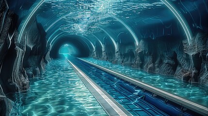 The most perfect undersea tunnel, underground railway, tunnel, covered with sea above and around. Generative AI.