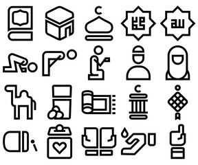 Simple Minimalist Outline Style Islamic Theme Icon Set. Editable Line. Adjustable Stroke Width.