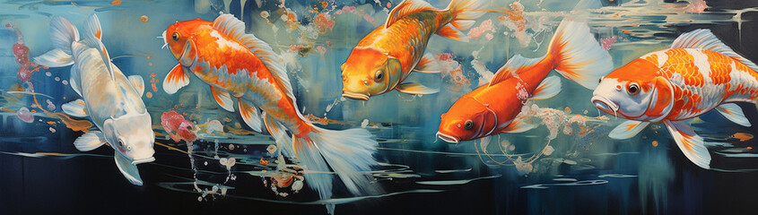 Shimmering scales of a koi fish gliding through clear water.