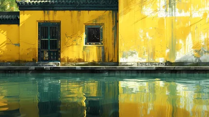 Gordijnen Yellow and green minimalist traditional architectura landscape illustration background poster © jinzhen