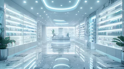 Fotobehang A large store with a bright blue ceiling and white walls. cosmetic concept © itchaznong