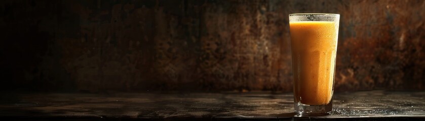 An elegant, dimly lit shot of a smoothie glass, condensation beads forming, set against a dark, moody backdrop, providing a panoramic space for minimalist text.