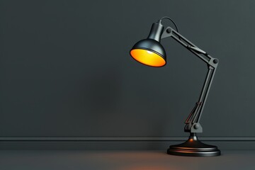 A lamp with a white shade is lit up and sitting on a table