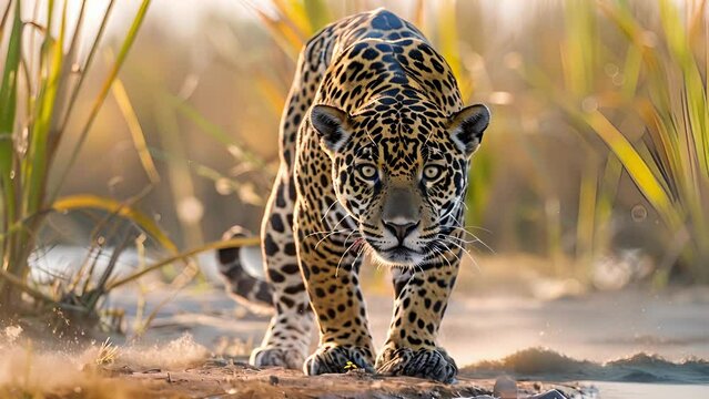 A lone adventurer pauses by a riverbank as a sleek jaguar stealthily stalks towards a nearby watering hole. The predators intense gaze meets the humans gaze creating a thrilling