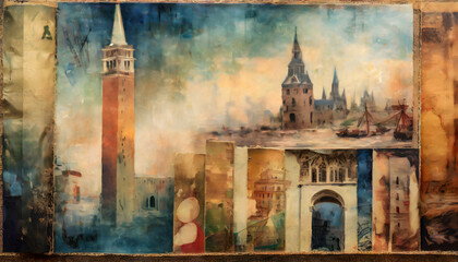 vintage-inspired collage using the textures of faded postcards, combining different scenes....