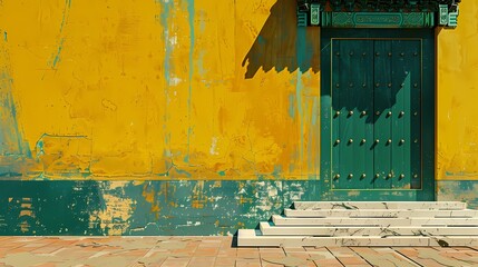Yellow and green minimalist traditional architectura landscape illustration background poster