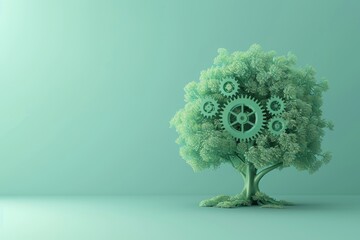 A tree with gears on it is surrounded by a background - obrazy, fototapety, plakaty