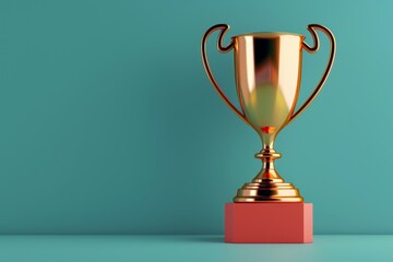 A trophy is on a pedestal in front of a wall - obrazy, fototapety, plakaty
