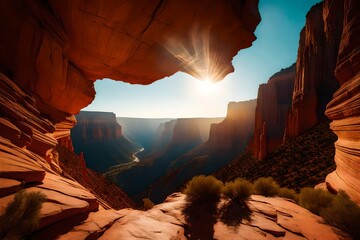 A mesmerizing nature backdrop emerges as the sun's rays paint the canyon with vibrant hues. - obrazy, fototapety, plakaty
