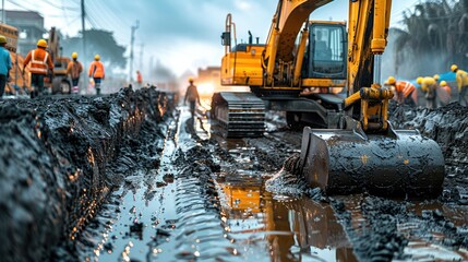 Construction engineer leads teamwork for water drainage excavation, Excavator facilitates efficient digging and construction progress. Generative AI. - obrazy, fototapety, plakaty