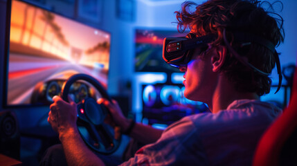 Gamer Wearing Virtual Reality Headset Driving Simulation Racing Game