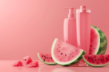 A bottle of pink lotion is next to a slice of watermelon